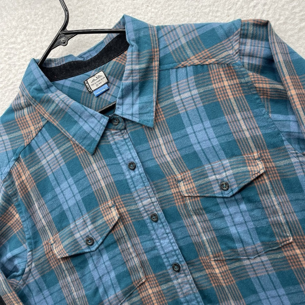 Kavu Flannel Shirt Womens XL High Horizon Blue Orange Plaid Elbow Pads Hiking